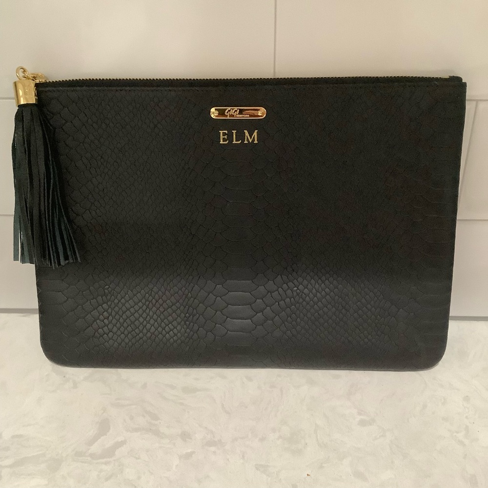 GiGi New York Black Python Leather Uber Clutch All One Laptop Leather Interior
